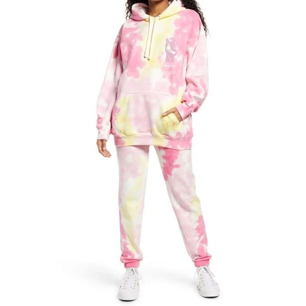 Cross Colours Women Pink Tie Dye Power To The People Sporty Sweatpants Size L